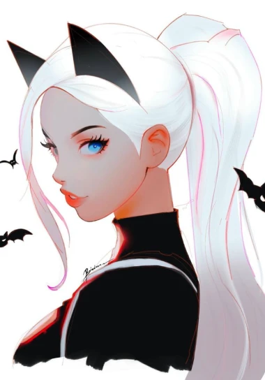 A girl with cat ears, white hair, blue eyes and black clothes
