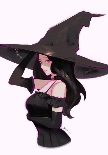 a girl with pointy witch hat and black hair wearing a black dress