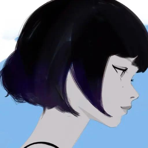 A girl with black hair and blue background
