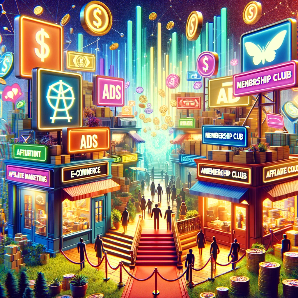Digital marketplace illustration depicting various methods of website monetization